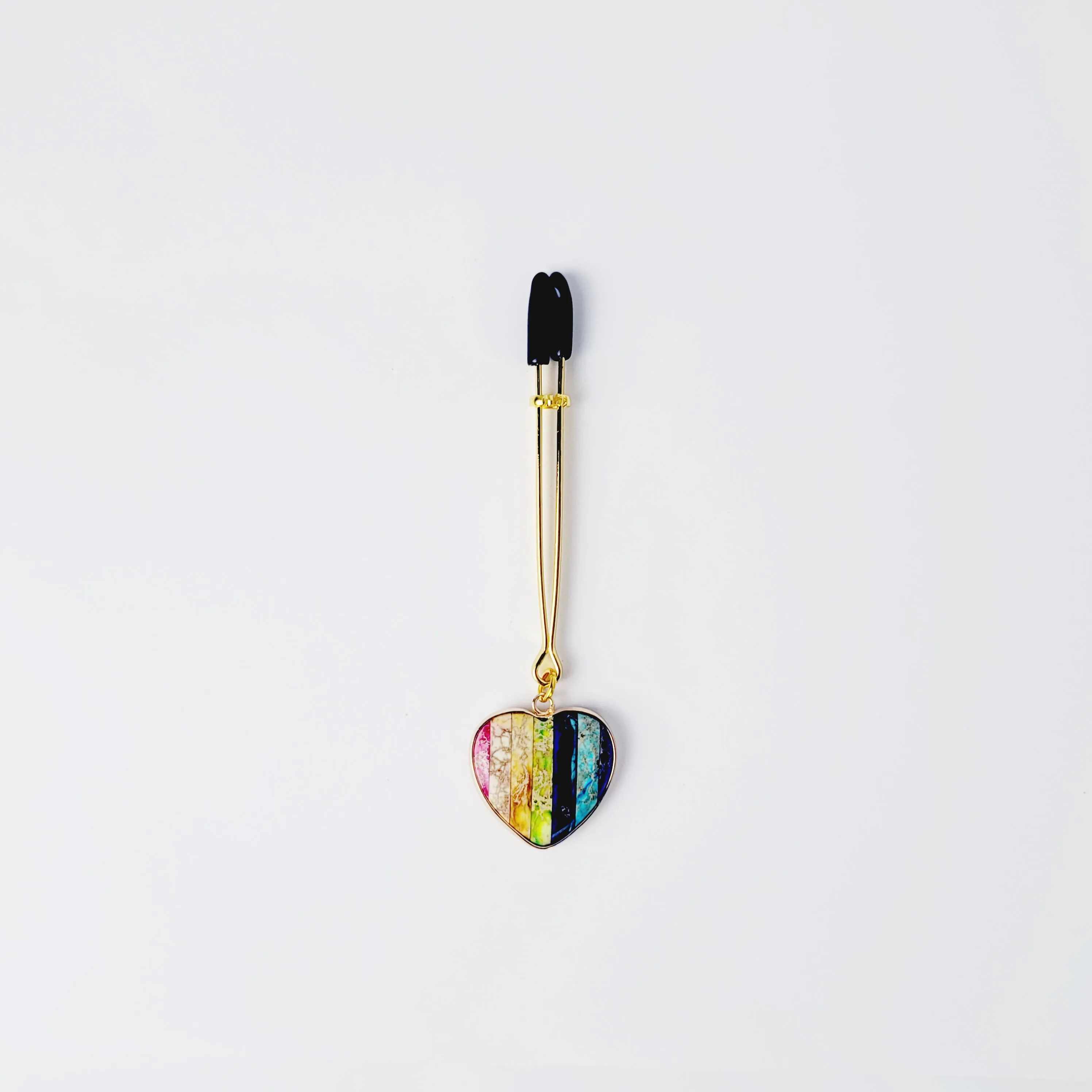 Tweezer Clit Clamp with Rainbow Heart Pendant made out of Semi Precious Stones