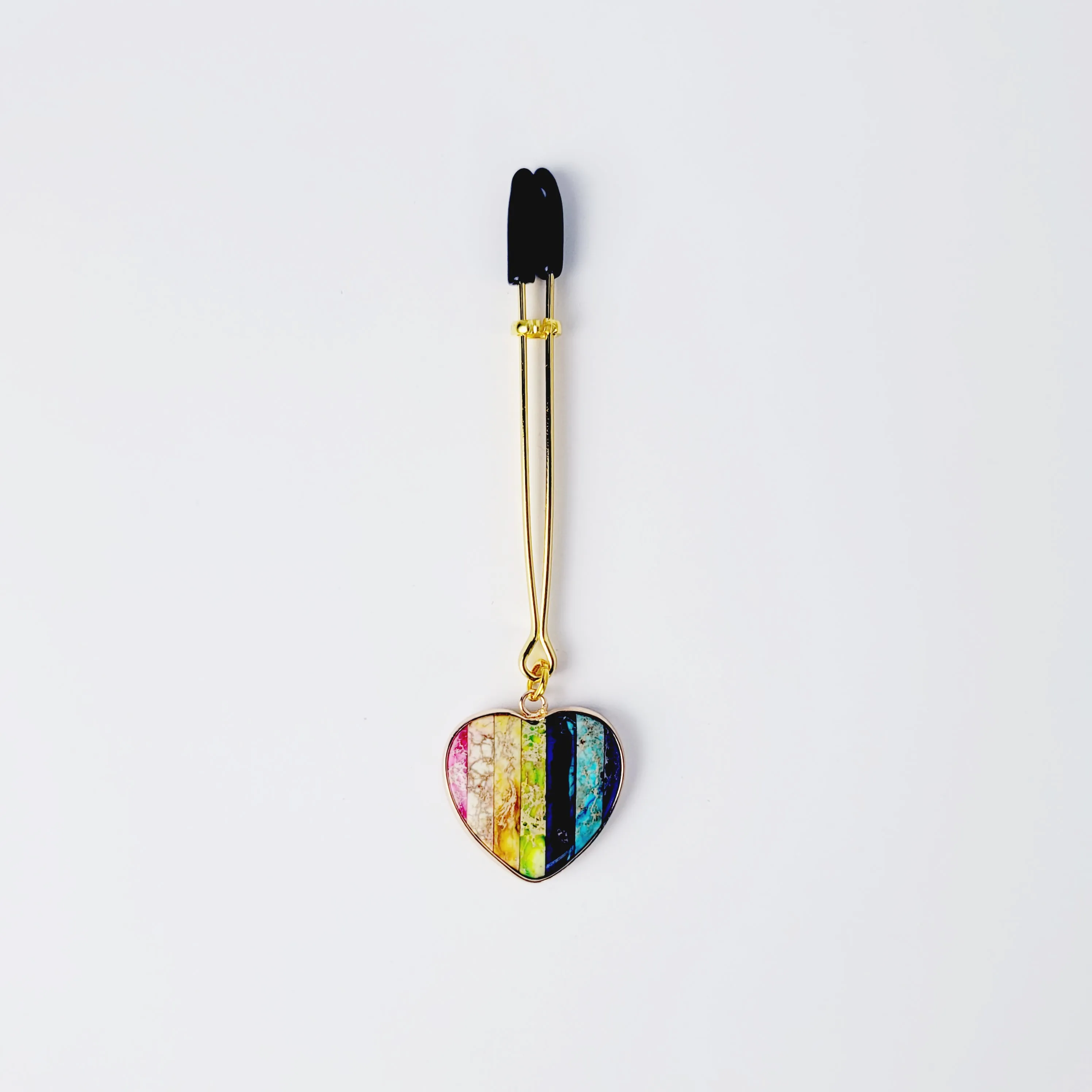 Tweezer Clit Clamp with Rainbow Heart Pendant made out of Semi Precious Stones