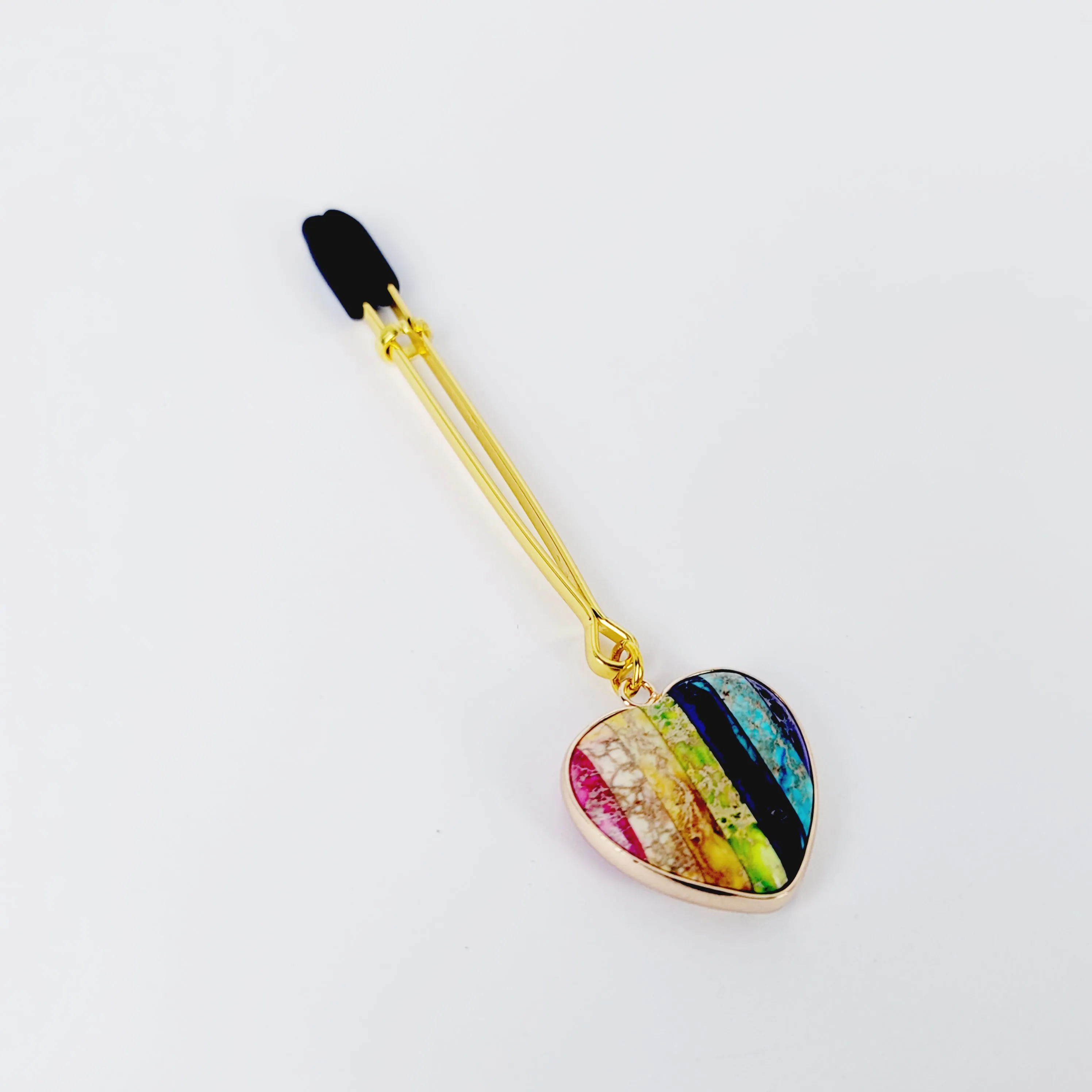 Tweezer Clit Clamp with Rainbow Heart Pendant made out of Semi Precious Stones