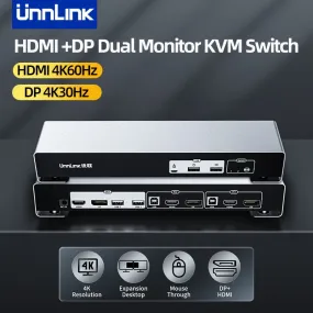 Unnlink 4K HDMI DP Dual Monitor KVM Switch 2x2 Sharing 4 USB For Mouse Keyboard Printer Udisk