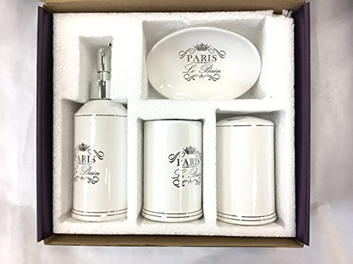 WPM 4 Piece Bathroom Accessory Set. White Classic French Provincial Bath Gift Set