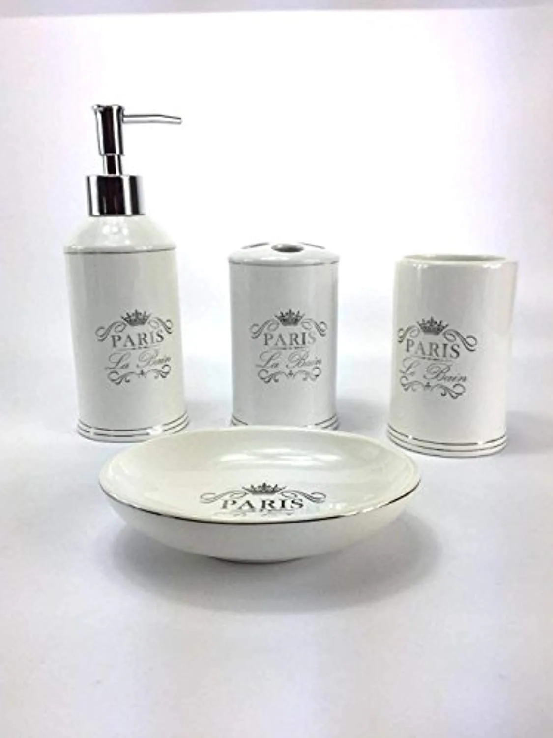 WPM 4 Piece Bathroom Accessory Set. White Classic French Provincial Bath Gift Set